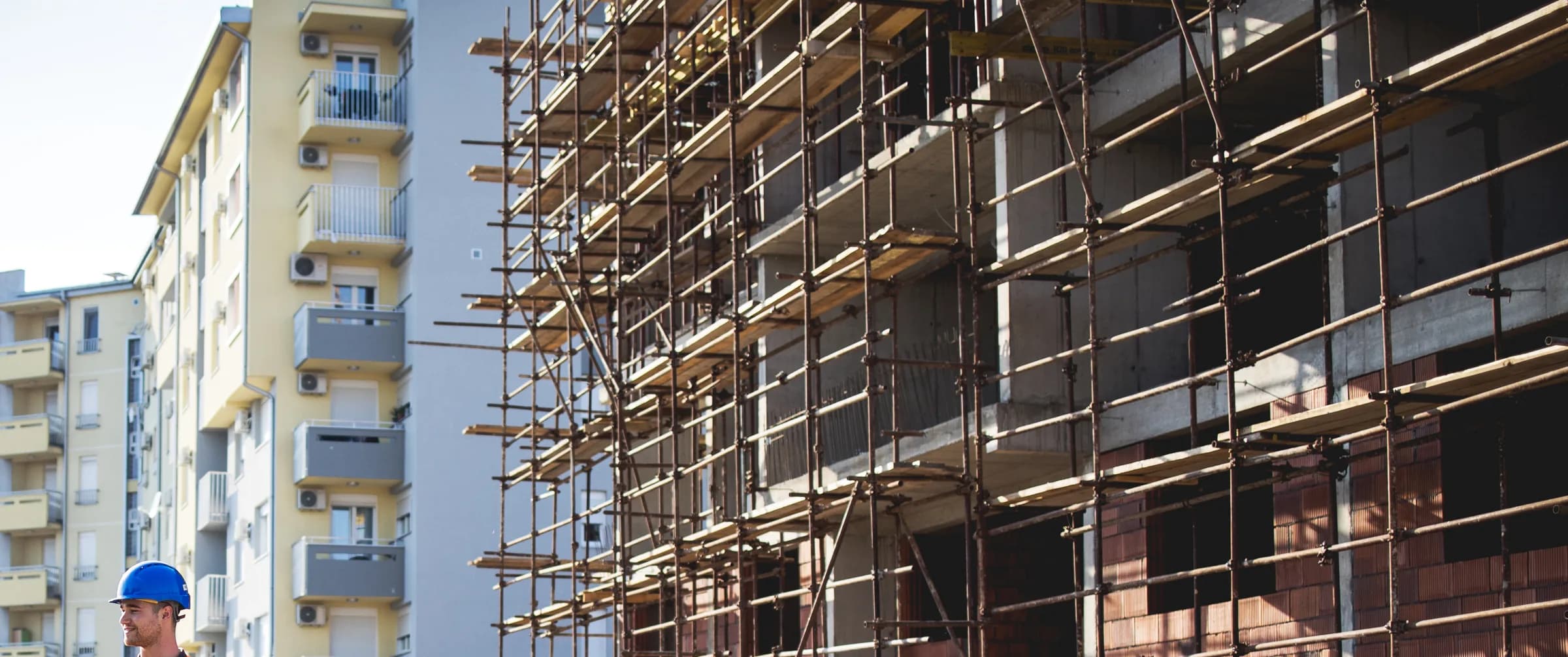 Scaffolded structure on a live construction project